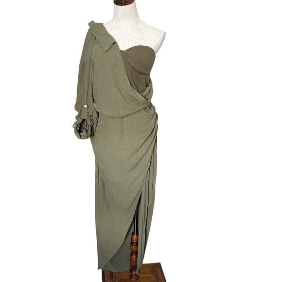 JLUXLABEL OLIVE EVITA LINEN DRAPED DRESS  Slit Adjustable Bustier 3XL SOLDOUT - Picture 3 of 10